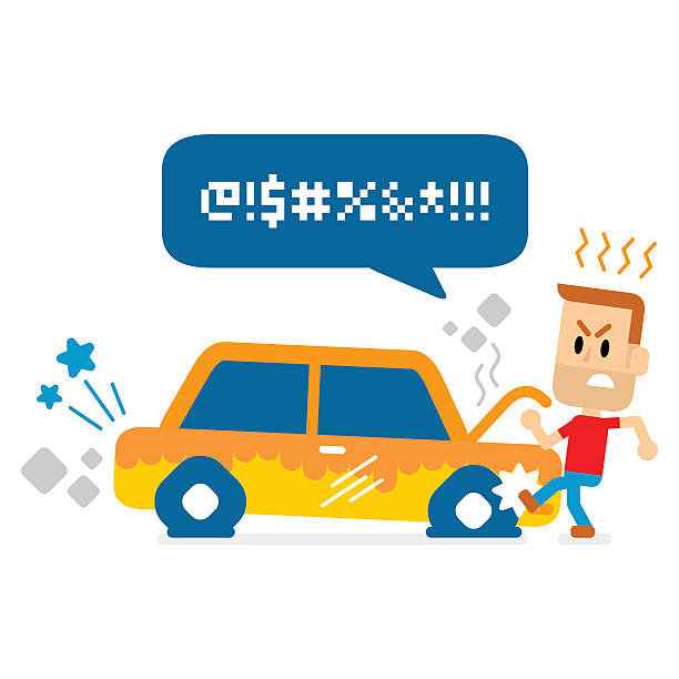 Man Kicking a Tire of Old Broken Car Man Kicking a Tire of Old Broken Car (in Flat Cartoon Style) kicking tire stock illustrations