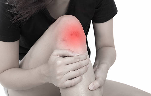 istock Woman with knee feeling pain on white background 587804684