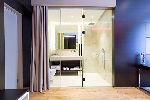istock Interior of a modern hotel room with shower 587805958