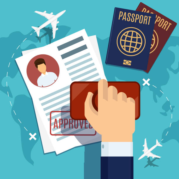 Visa stamping. Stamp on passport application Visa stamping. Passport or visa application. Travel immigration stamp, vector illustration hand stamp stock illustrations