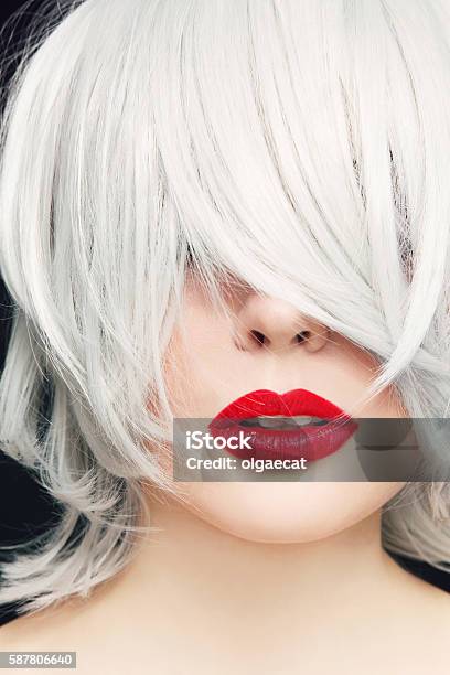 Grey Hair And Red Lipstick Stock Photo - Download Image Now - White Hair, Gray Hair, Women