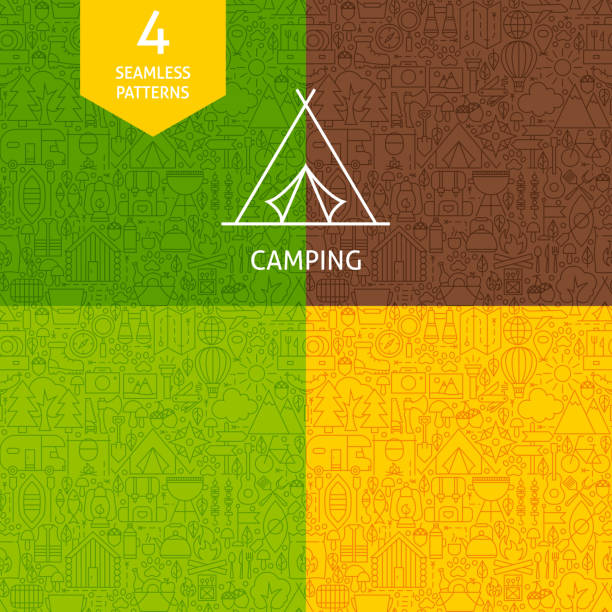Thin Line Camping Pattern Set Thin Line Camping Pattern Set. Four Vector Website Design Seamless Backgrounds. Summer Camp. camping patterns stock illustrations
