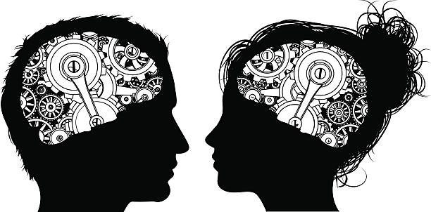 Gears Cogs Brain Concept A man and a woman in silhouette with gears or cogs working in their brains black and white woman stock illustrations