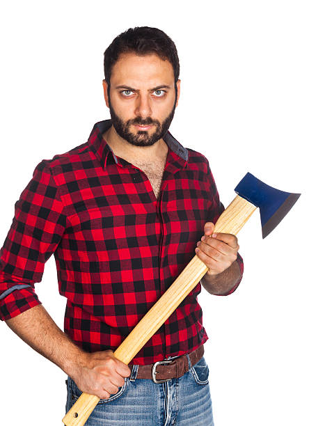 Lumberjack with plaid shirt on white background
