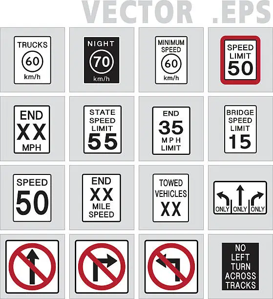 Vector illustration of Speed Limit &  Lane Usage and Turns sign road.