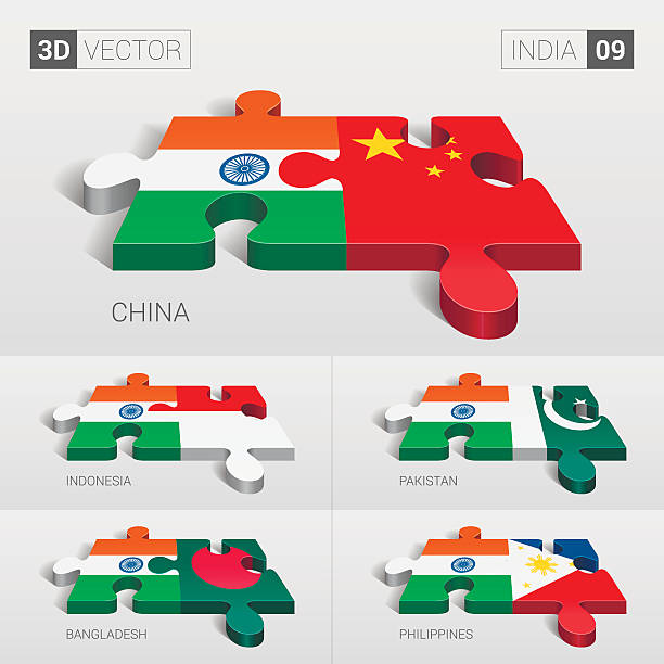 ilustraciones, imágenes clip art, dibujos animados e iconos de stock de bandera de la india. rompecabezas vectorial 3d. conjunto 09. - asia jigsaw puzzle map cartography