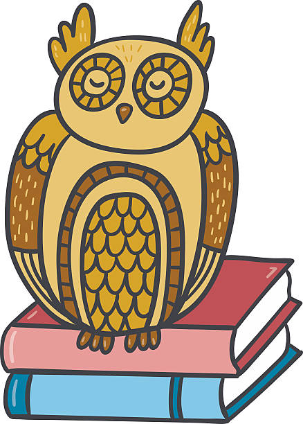istock Vector postcard with adorable sleepy owl, books and plants 587813204