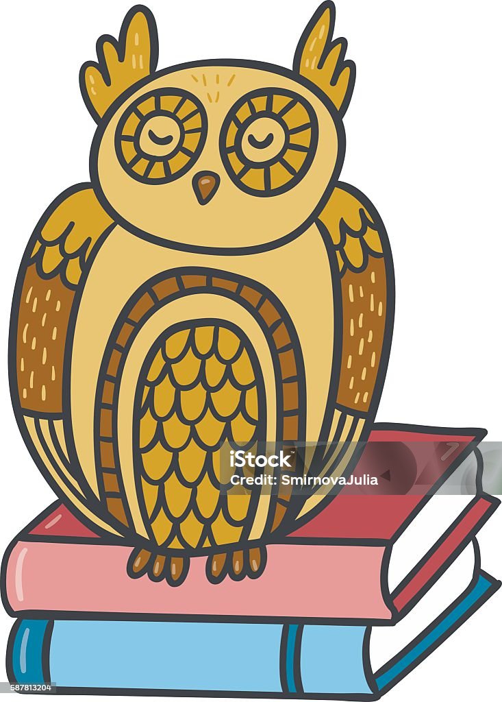 Vector postcard with adorable sleepy owl, books and plants Animal stock vector