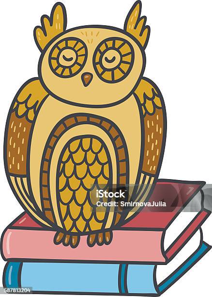 Vector Postcard With Adorable Sleepy Owl Books And Plants Stock Illustration - Download Image Now