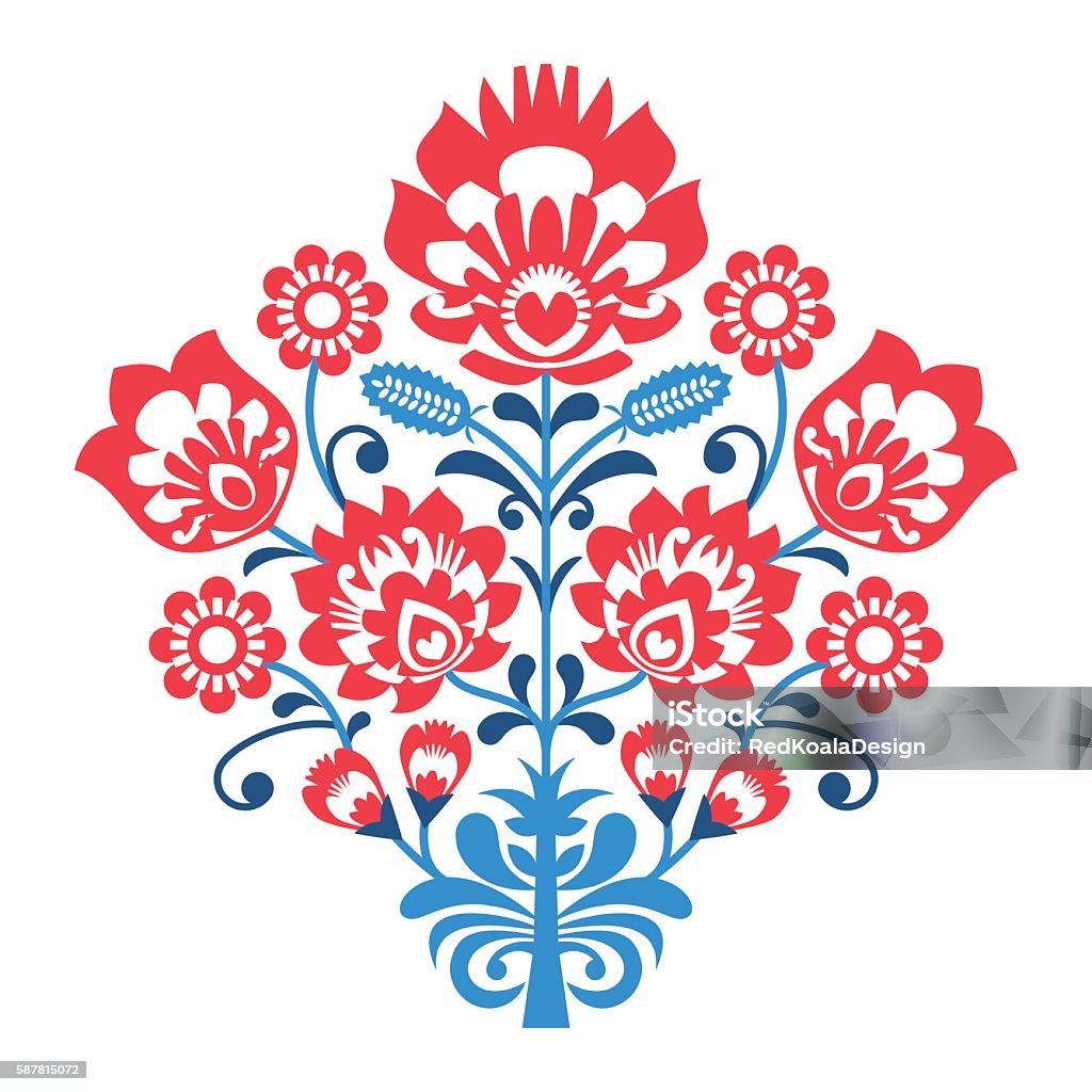 Polish Folk art pattern with flowers Decorative traditional vector retro pattern in red and blue Arts Culture and Entertainment stock vector