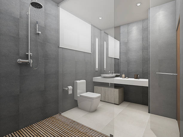 3d renderizando banheiro de loft moderno e chuveiro com piso de madeira - blinds wood bathroom indoors - fotografias e filmes do acervo