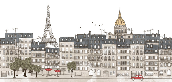 Seamless banner of Paris's skyline, hand drawn and digitally colored ink illustration