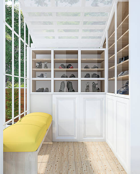 istock 3d rendering nice yellow seat in shoe room 587816922