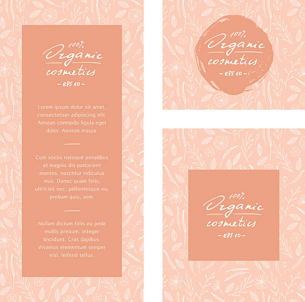 Cosmetics tempate. Vector hand drawn organic cosmetics template, banner, flyer, concept, branding design. Includes floral seamless pattern. corporate identity packages stock illustrations