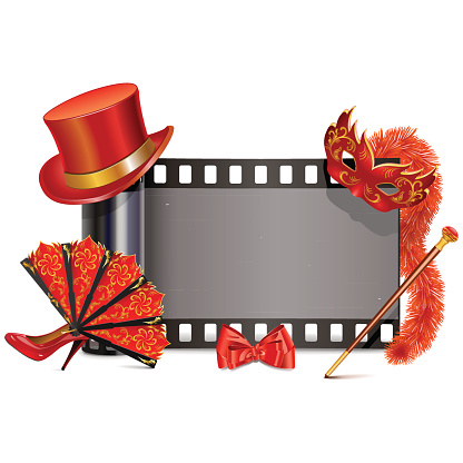 Vector Theater Film with red accessories, including hat, shoe, bow, mask, boa, fan, isolated on white background