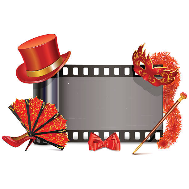 Vector Theater Film Vector Theater Film with red accessories, including hat, shoe, bow, mask, boa, fan, isolated on white background boa stock illustrations