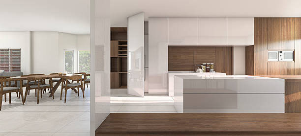 istock 3d rendering nice kitchen and dining room in warm atmosphere 587878022