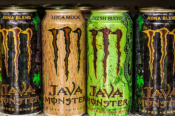 Monster Beverage Display II Indianapolis, US - August 10, 2016: Monster Beverage Display. Monster Corporation manufactures energy drinks including Monster Energy II monster energy stock pictures, royalty-free photos & images