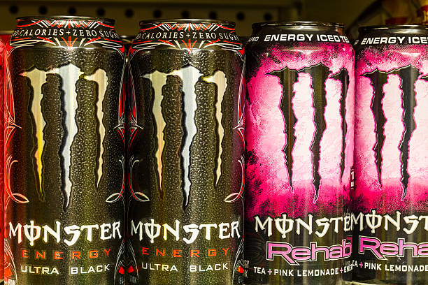 Monster Beverage Display III Indianapolis, US - August 10, 2016: Monster Beverage Display. Monster Corporation manufactures energy drinks including Monster Energy III monster energy stock pictures, royalty-free photos & images