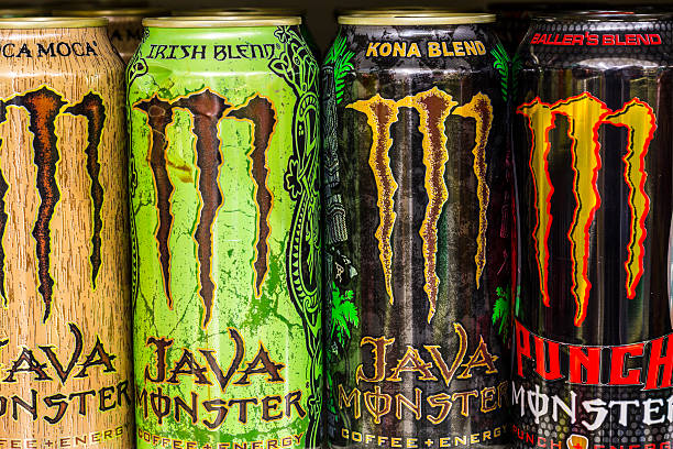 Monster Beverage Display IV Indianapolis, US - August 10, 2016: Monster Beverage Display. Monster Corporation manufactures energy drinks including Monster Energy IV monster energy stock pictures, royalty-free photos & images