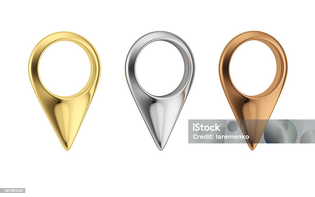 Gold, silver and bronze map pointers Gold, silver and bronze map pointers. Set of metal pin icon. Map markers isolated on white bacground. Gold Colored Stock Photo