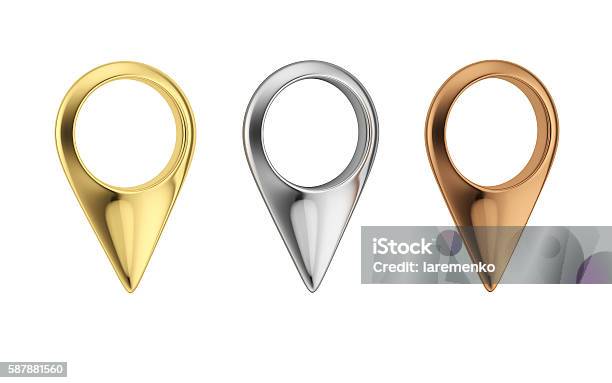 Gold Silver And Bronze Map Pointers Stock Photo - Download Image Now - Gold Colored, Map, Icon Symbol