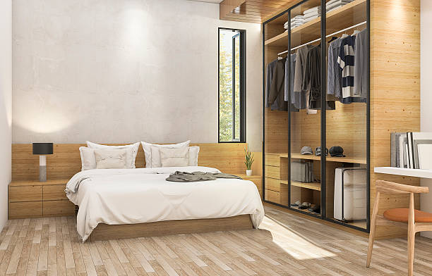 istock 3d rendering nice wood contemporary bedroom with nice cloth cabinet 587883820