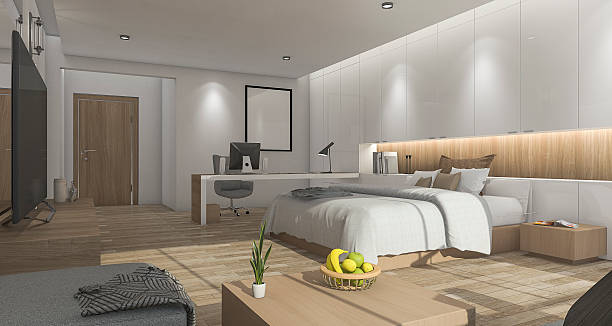 istock 3d rendering white nice bedroom with comfortable furniture 587888218
