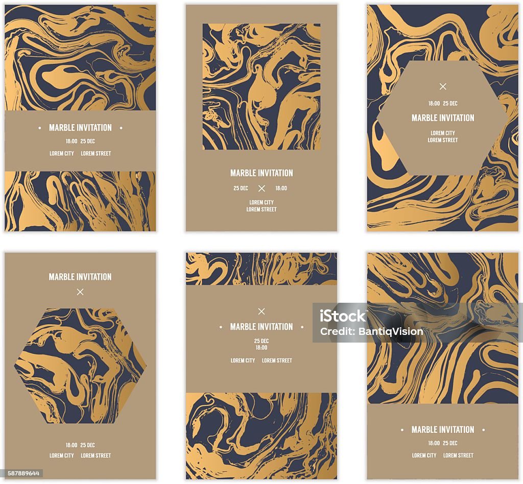 Marbled cards. Vector handmade abstract marbling cards, invitations, wedding save the date cards. Pattern stock vector