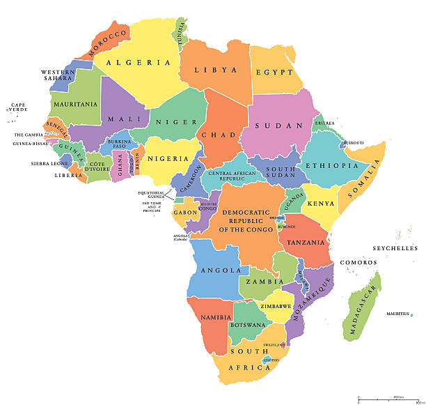 Africa single states political map Africa single states political map. Each country with its own color area. With national borders on white background. Continent including Madagascar and island nations. English labeling. southern africa stock illustrations