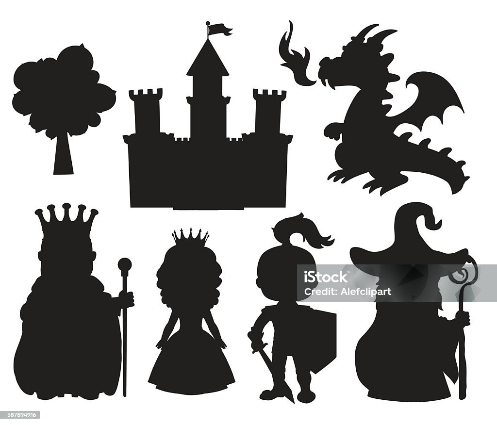 Vector set of silhouettes fairy tale element icons. Vector isolated on white background. Dragon stock vector