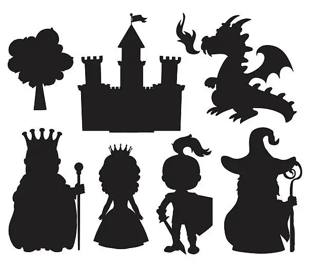 Vector illustration of Vector set of silhouettes fairy tale element icons.