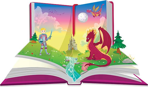 illustrations, cliparts, dessins animés et icônes de livre de contes de fées avec illustration de chevalier et de dragon - picture book fairy tale castle dragon