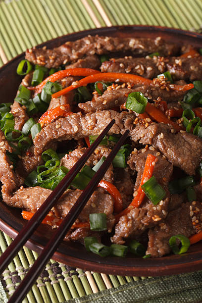 istock Korean Food: Bulgogi beef with carrot and onion closeup. vertical 587903194