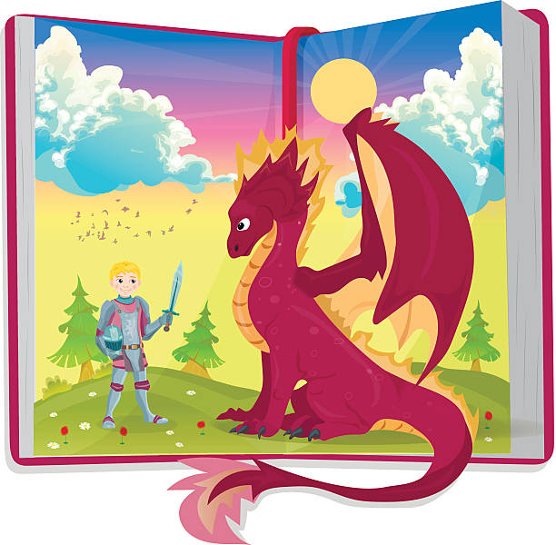 illustrations, cliparts, dessins animés et icônes de livre ouvert de contes de fées avec illustration de chevalier et de dragon - picture book fairy tale castle dragon