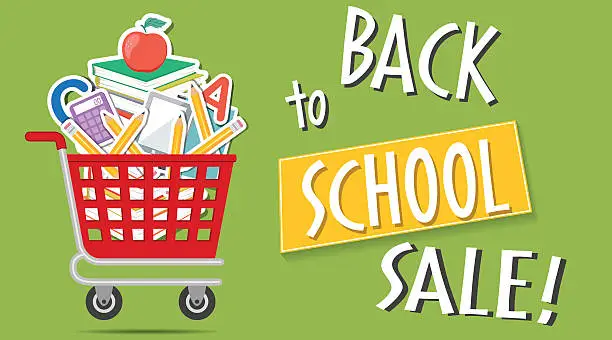 Vector illustration of Shopping Cart Filled With Back To School Supplies and Text