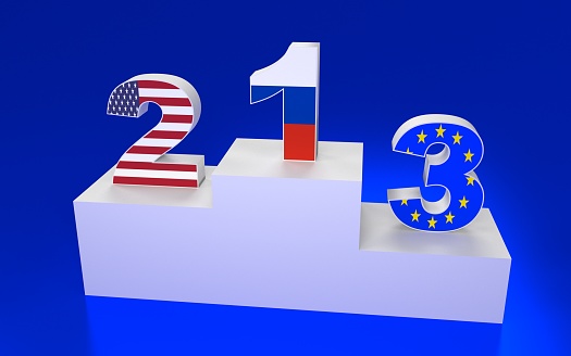 Award platform with numbers and flags. 3D rendering.