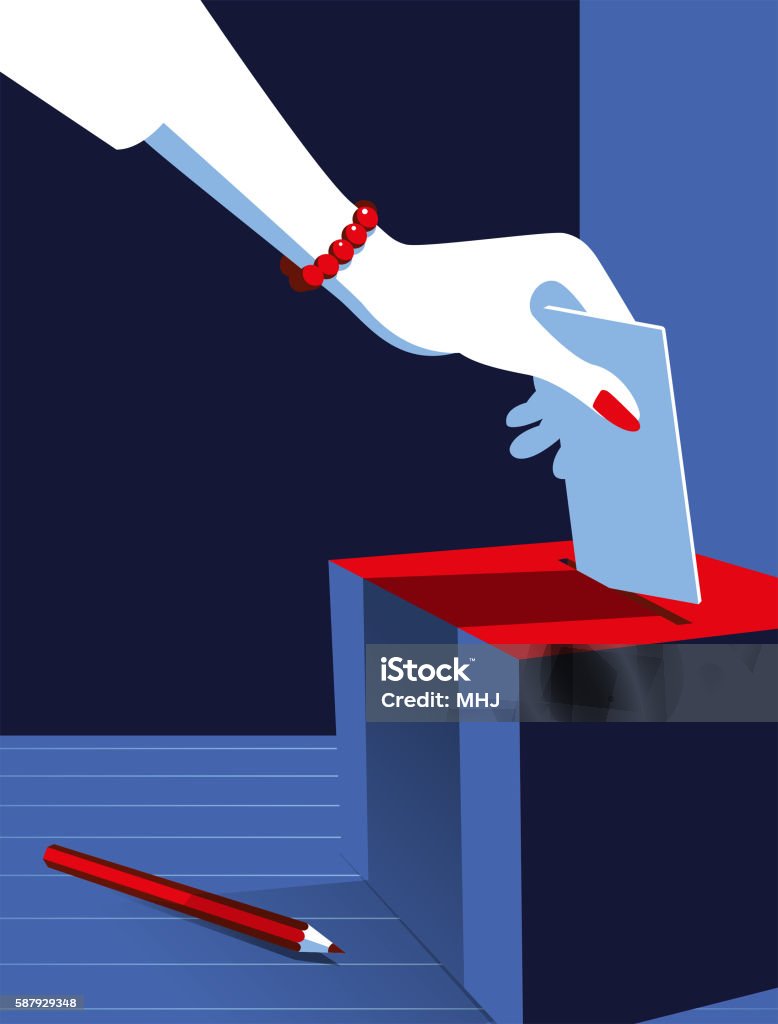 Simple Illustration Woman Voting at the Ballot Box Vote Now! A stylized vector cartoon of a woman's hand posting at a vote in a ballot box with a pencil in the foreground, the style is  simple and reminiscent of an old screen print poster and suggesting, democracy, choice, election, voting or decisions. Hand, Box, pencil, ballot box, and background are on different layers for easy editing. Please note: clipping paths have been used. Voting stock vector