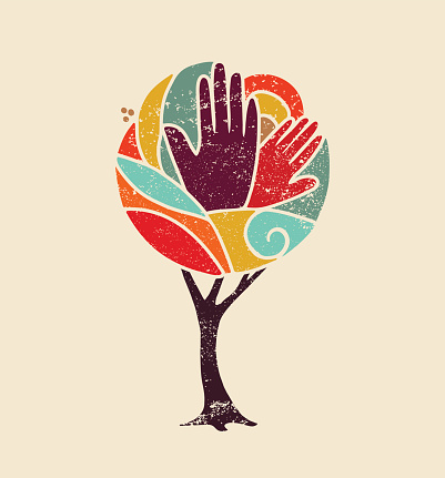 Colorful grunge concept tree art with people hands and nature design for social diversity, environment help. EPS10 vector.