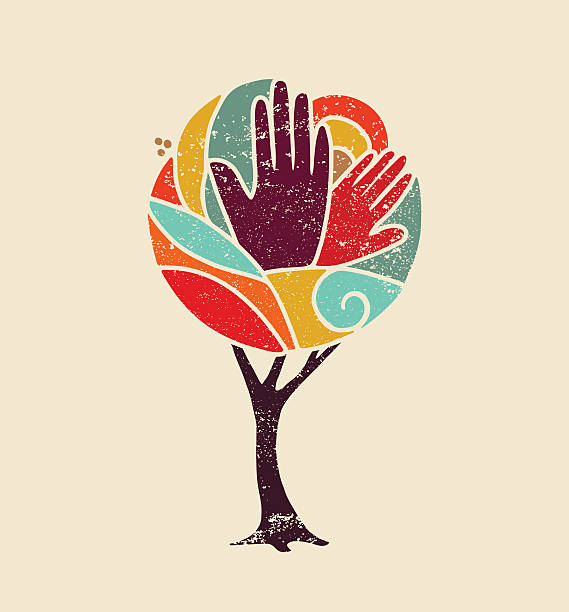Color concept tree with diversity people hands Colorful grunge concept tree art with people hands and nature design for social diversity, environment help. EPS10 vector. growth concept stock illustrations