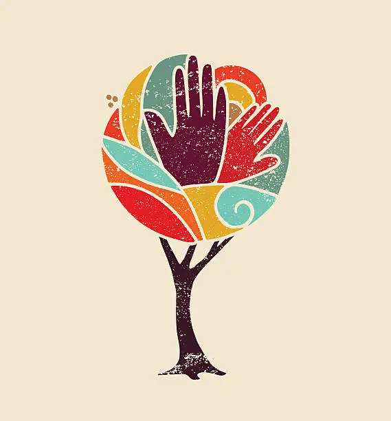 Vector illustration of Color concept tree with diversity people hands