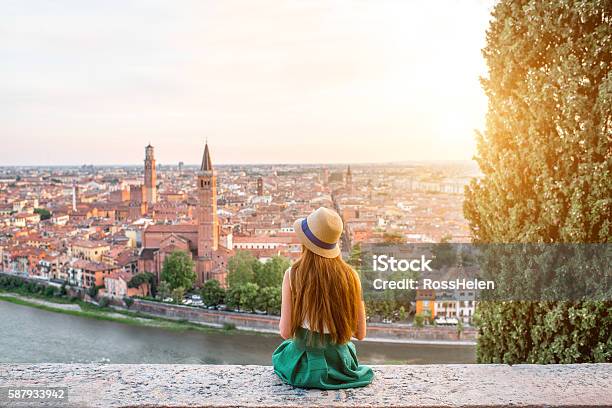 Woman Enjoying Beautiful View On Verona City Stock Photo - Download Image Now - Italy, Verona - Italy, Travel