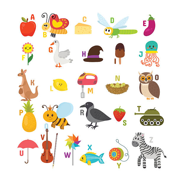 illustrazioni stock, clip art, cartoni animati e icone di tendenza di impara a leggere. alfabeto per bambini con simpatici animali dei cartoni animati - fish tank