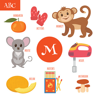 Letter M. Cartoon alphabet for children. Monkey, mouse, mushroom, mittens, mixer, melon, matches, mandarin. Vector illustration