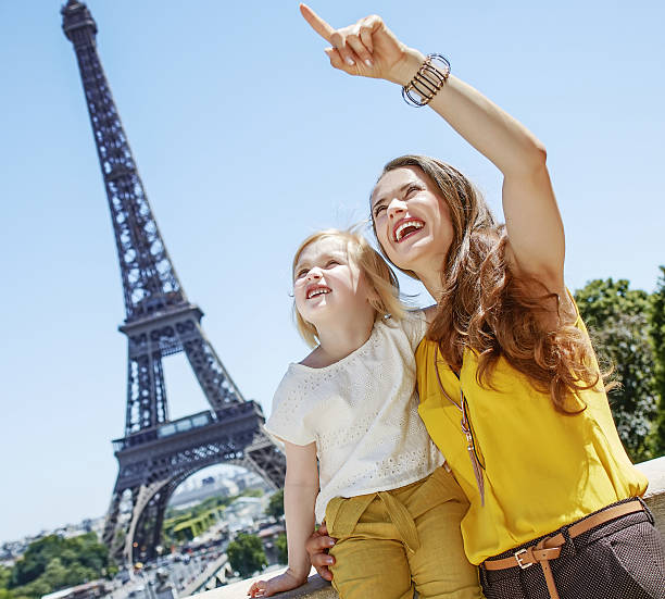 istock mother and child pointing on something against Eiffel tower 587938936