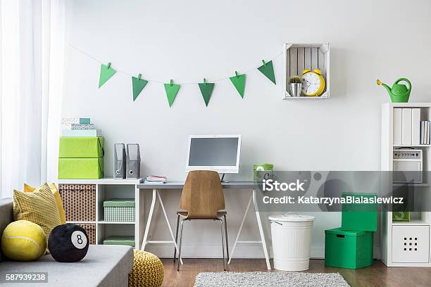 Teenager Room With Green Decorations Stock Photo - Download Image Now - Bedroom, Teenager, Domestic Room