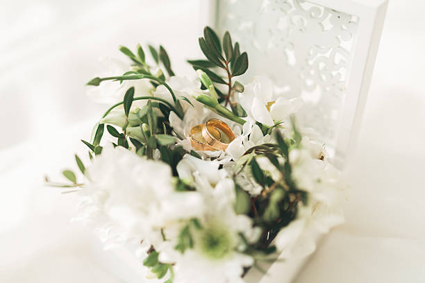 istock luxury wedding rings lying on the leaves and grass 587939624
