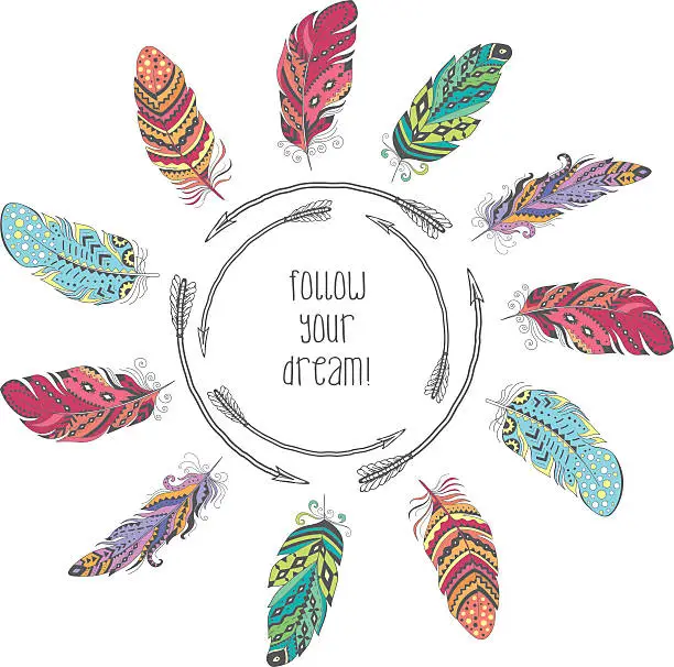 Vector illustration of Boho Style with Ethnic Arrows and Feathers.