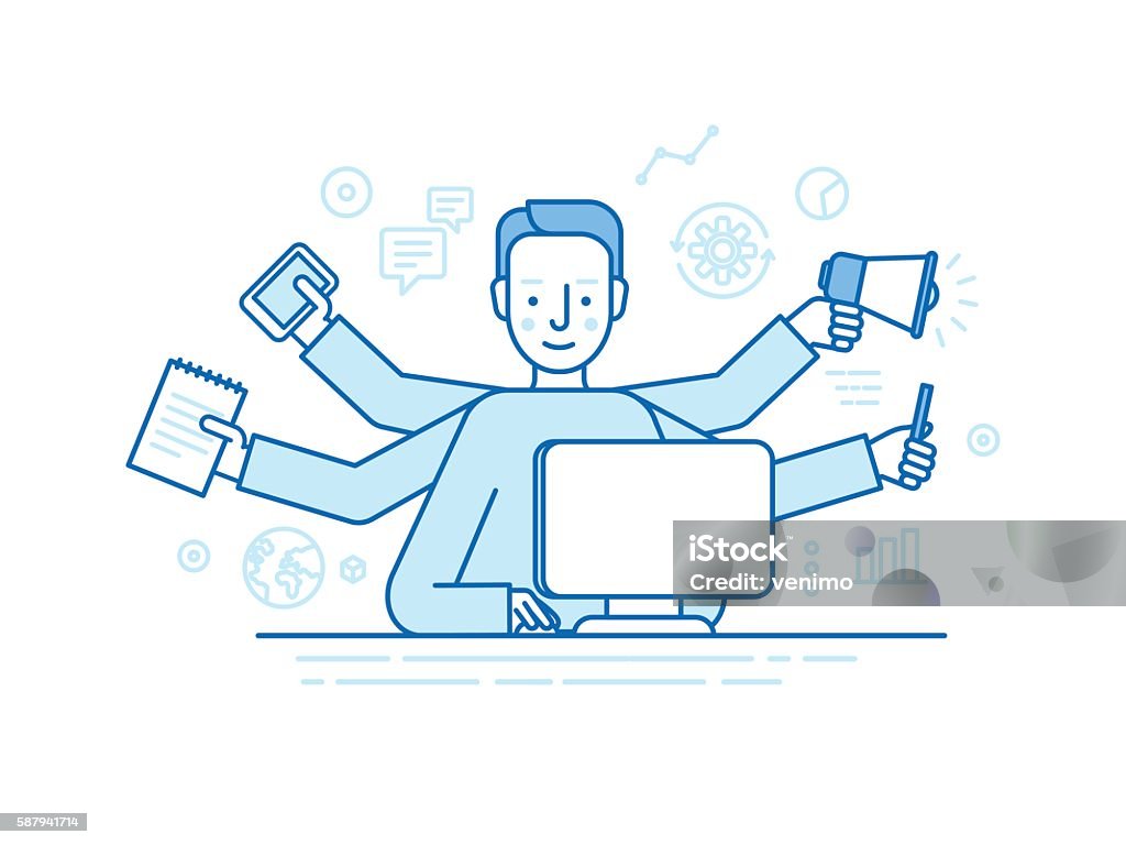 Vector self employment concept Vector self employment concept in trendy flat linear style - multitasking freelancer - man working on different projects from his home office - jack of all trades concept Multi-Tasking stock vector