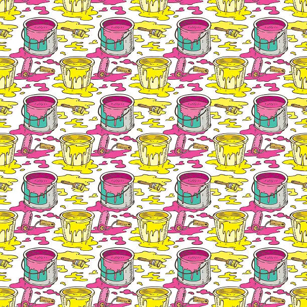 Vector illustration of Seamless Vector Pattern with and Paint Cans of Yellow and Pink Paint